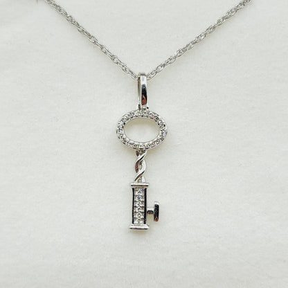 Diamond Pendant Necklace , 925 Sterling Silver Key Shape Pendant with Chain,  Gift For Her, Necklace For Women