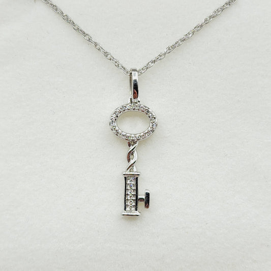 Diamond Pendant Necklace , 925 Sterling Silver Key Shape Pendant with Chain,  Gift For Her, Necklace For Women