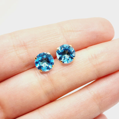 Gold Blue Topaz Earrings, 10K Yellow Gold Round Genuine Blue Topaz 8mm Stud Earrings, December Birthstone