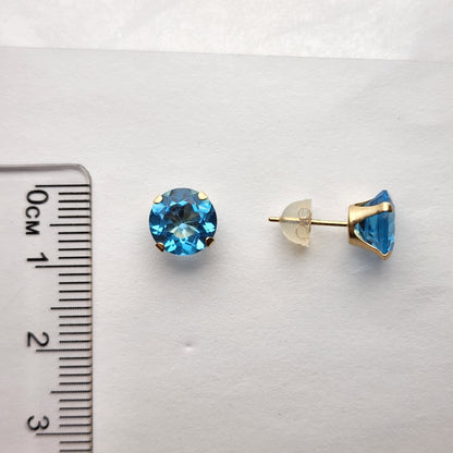 Gold Blue Topaz Earrings, 10K Yellow Gold Round Genuine Blue Topaz 8mm Stud Earrings, December Birthstone