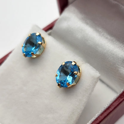 Blue Topaz Earrings, 10K Yellow Gold Blue Topaz 9x7mm Stud Earrings,  Handmade Earrings, Gemstone Earrings, December Birthstone