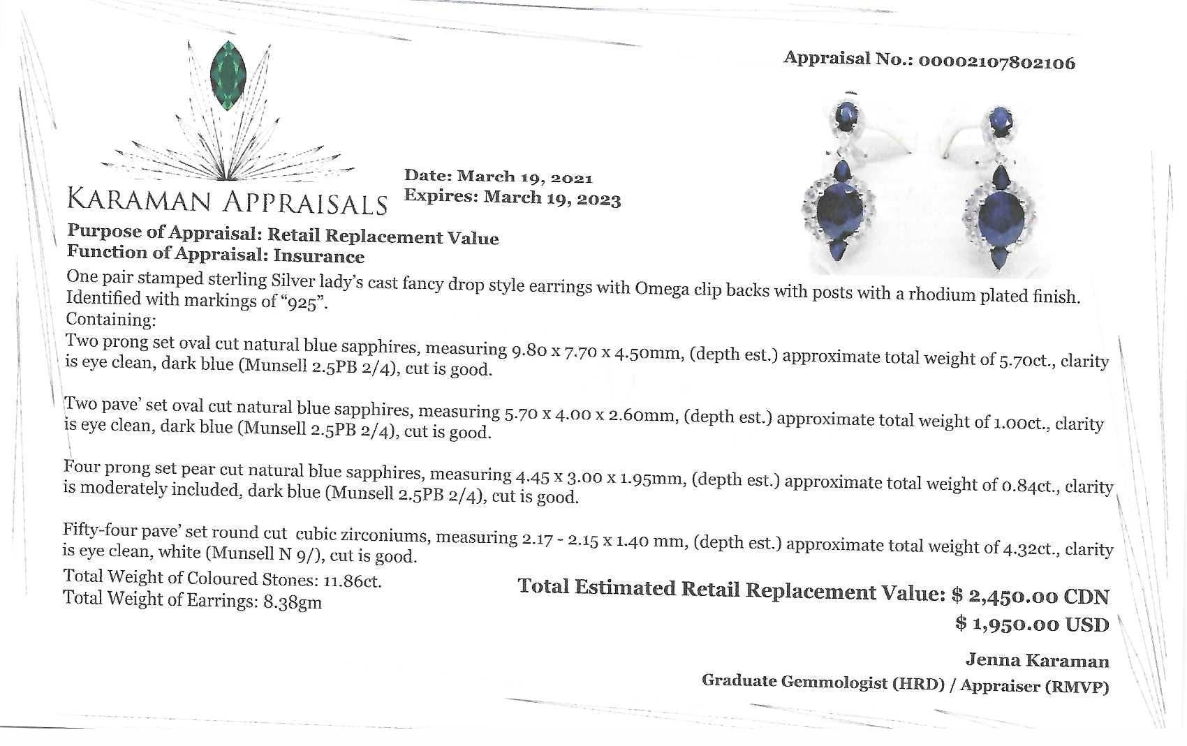Blue Sapphire Earrings | Sterling Silver Fancy Drop Style Earrings with Natural Blue Sapphire (7.54ct)