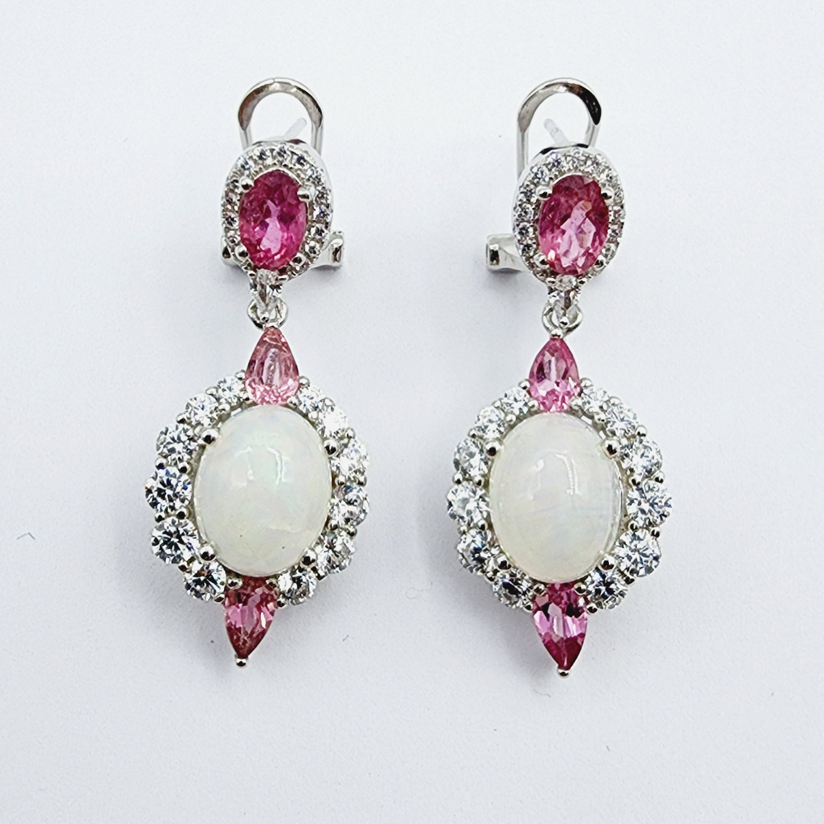 Silver Natural Opal and Tourmaline Drop Earrings, Fancy Drop Earrings with Natural Gemstone