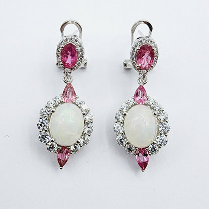 Silver Natural Opal and Tourmaline Drop Earrings, Fancy Drop Earrings with Natural Gemstone