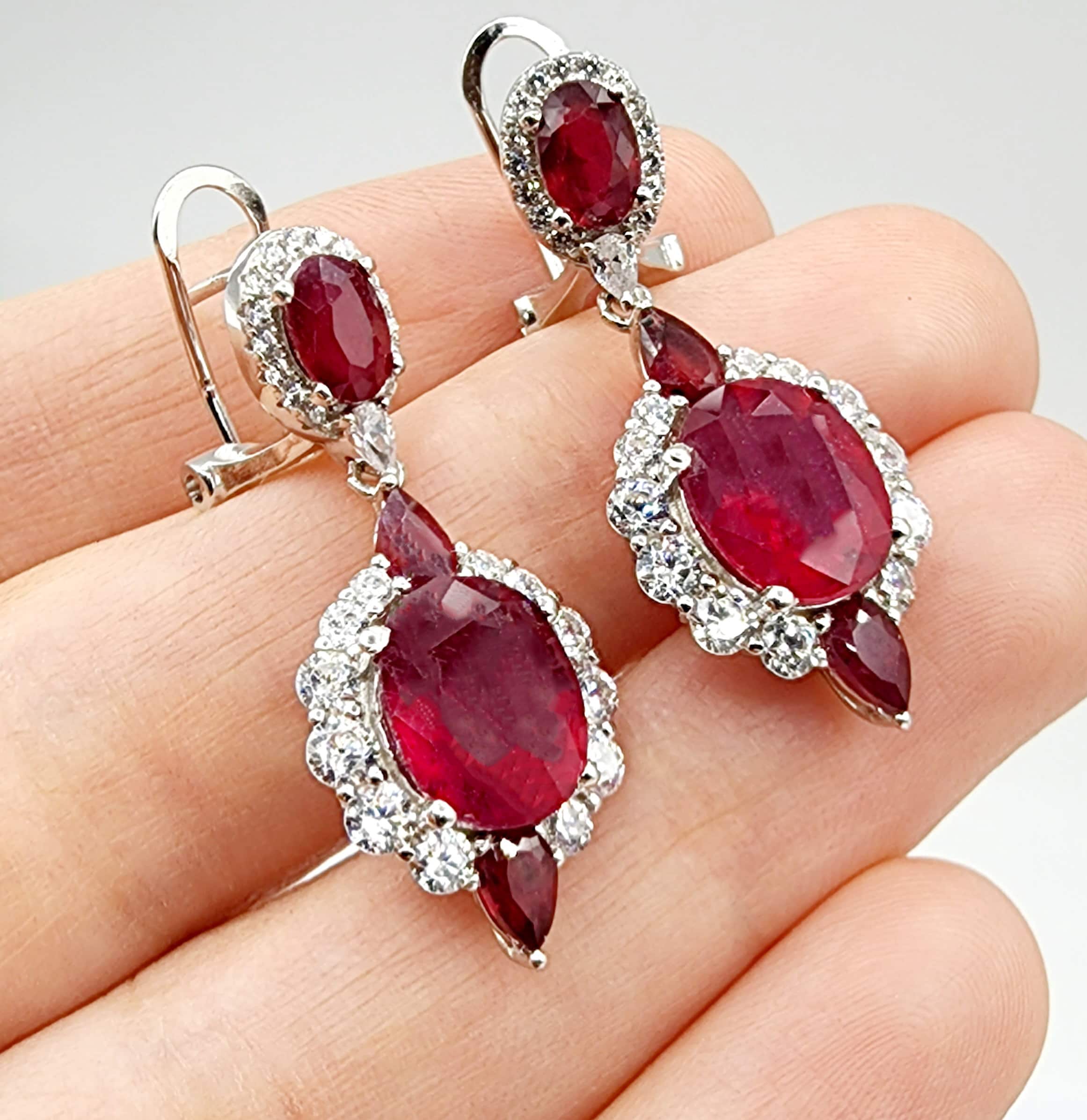 Silver Drop Ruby Earrings | Sterling Silver Fancy Drop Style Earrings with Ruby (7.54cts) and CZ