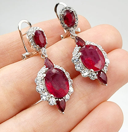 Silver Drop Ruby Earrings | Sterling Silver Fancy Drop Style Earrings with Ruby (7.54cts) and CZ