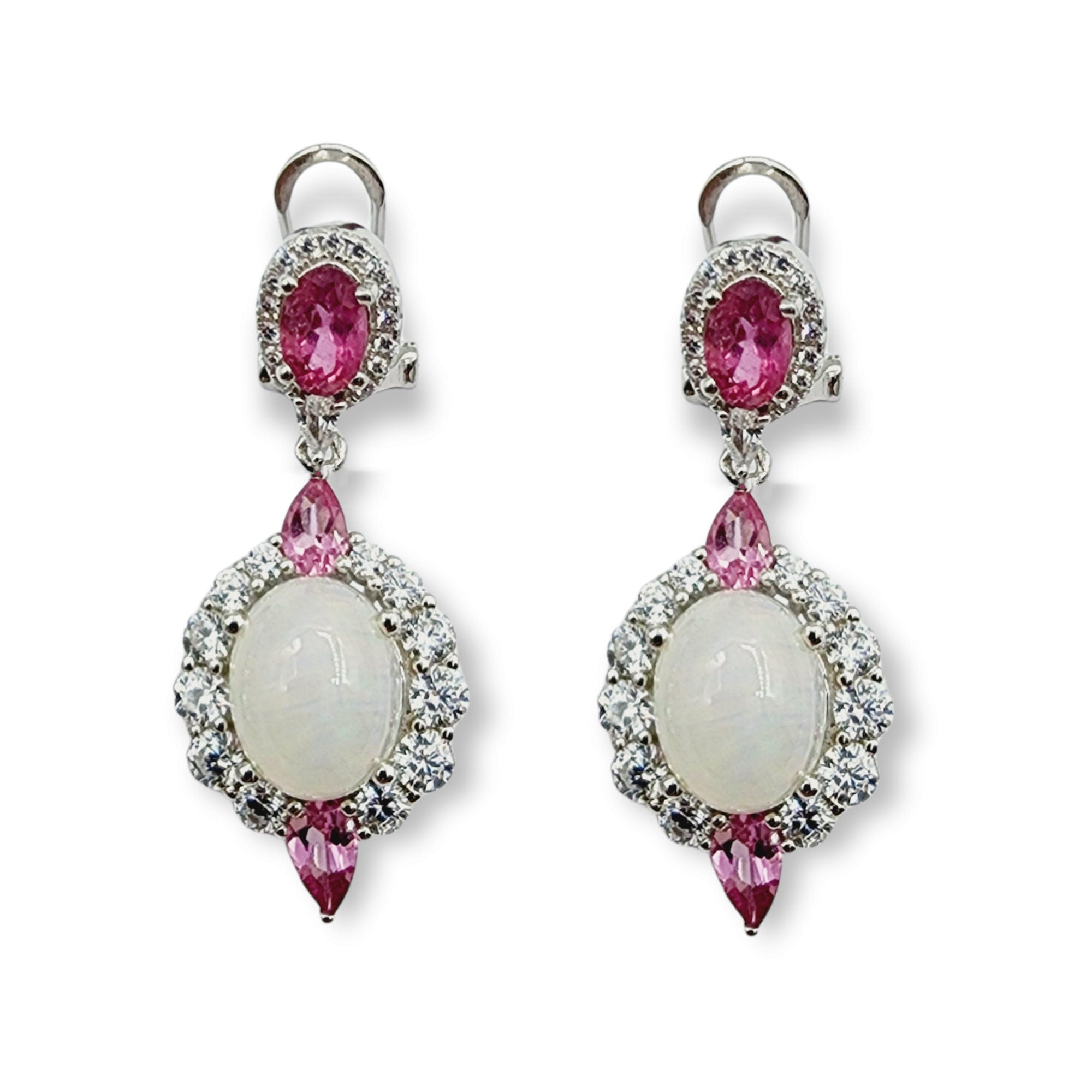 Silver Natural Opal and Tourmaline Drop Earrings, Fancy Drop Earrings with Natural Gemstone