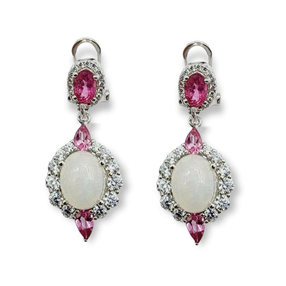Silver Natural Opal and Tourmaline Drop Earrings, Fancy Drop Earrings with Natural Gemstone