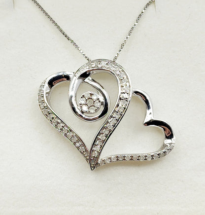 Silver Diamond Heart Pendant , Twice the loving Diamond Hearts Pendant in Sterling Silver