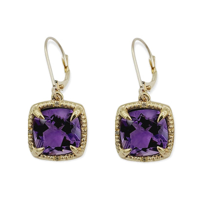 Gemstone Drop Earrings, 10kt Yellow Gold Genuine Square Gemstones 10mm and Diamond Earrings, Birthstone Earrings, Earring For Women, Gifts