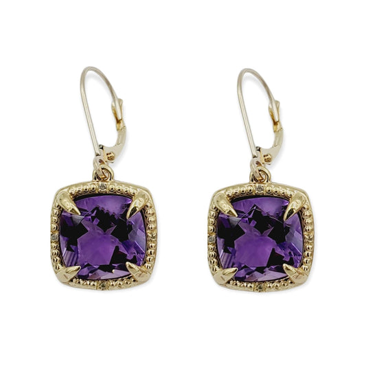 Gemstone Drop Earrings, 10kt Yellow Gold Genuine Square Gemstones 10mm and Diamond Earrings, Birthstone Earrings, Earring For Women, Gifts