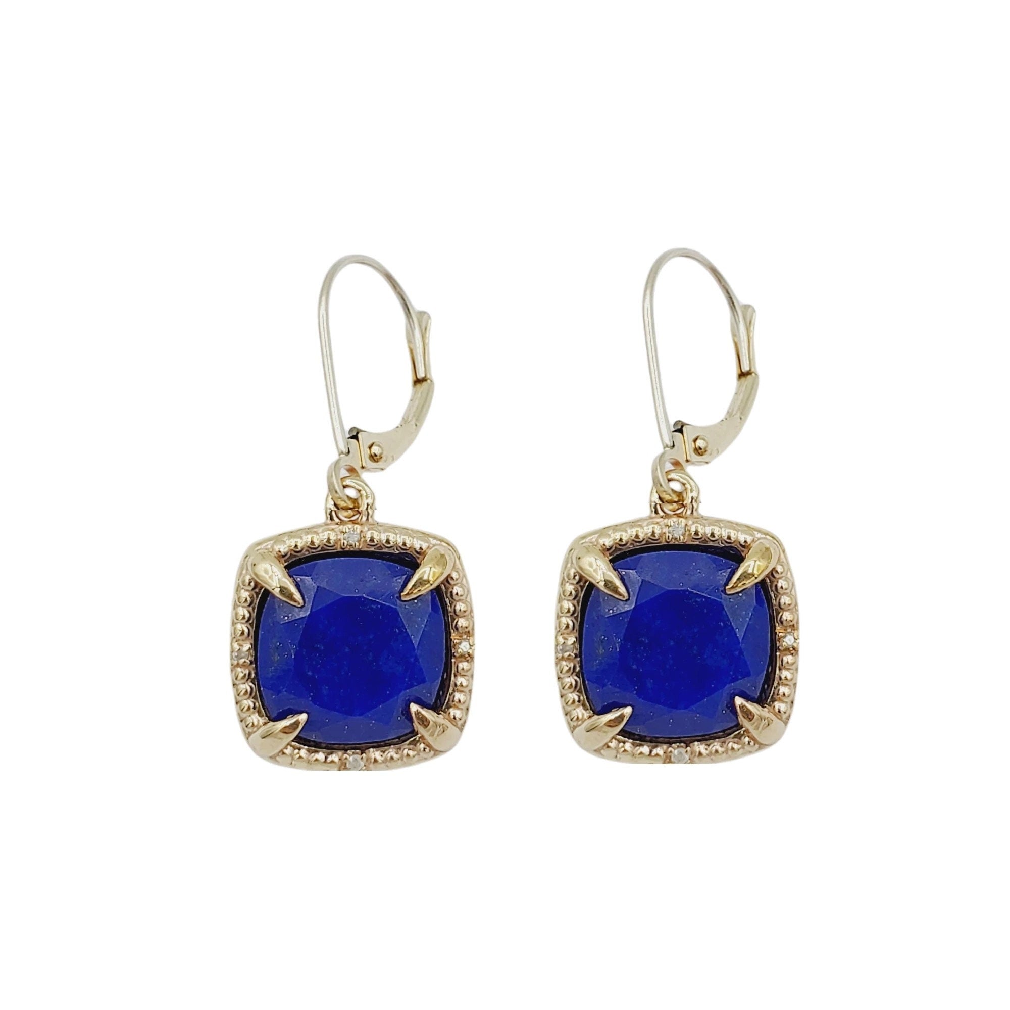 Gemstone Drop Earrings, 10kt Yellow Gold Genuine Square Gemstones 10mm and Diamond Earrings, Birthstone Earrings, Earring For Women, Gifts