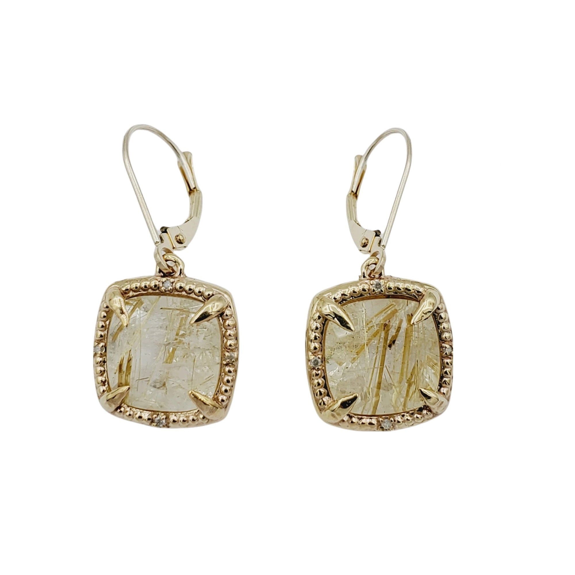Gemstone Drop Earrings, 10kt Yellow Gold Genuine Square Gemstones 10mm and Diamond Earrings, Birthstone Earrings, Earring For Women, Gifts