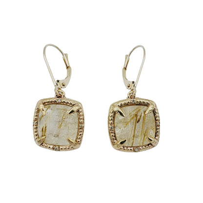 Gemstone Drop Earrings, 10kt Yellow Gold Genuine Square Gemstones 10mm and Diamond Earrings, Birthstone Earrings, Earring For Women, Gifts