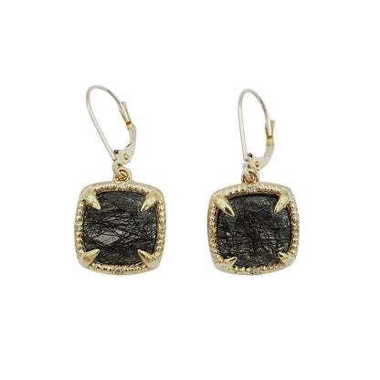 Gemstone Drop Earrings, 10kt Yellow Gold Genuine Square Gemstones 10mm and Diamond Earrings, Birthstone Earrings, Earring For Women, Gifts