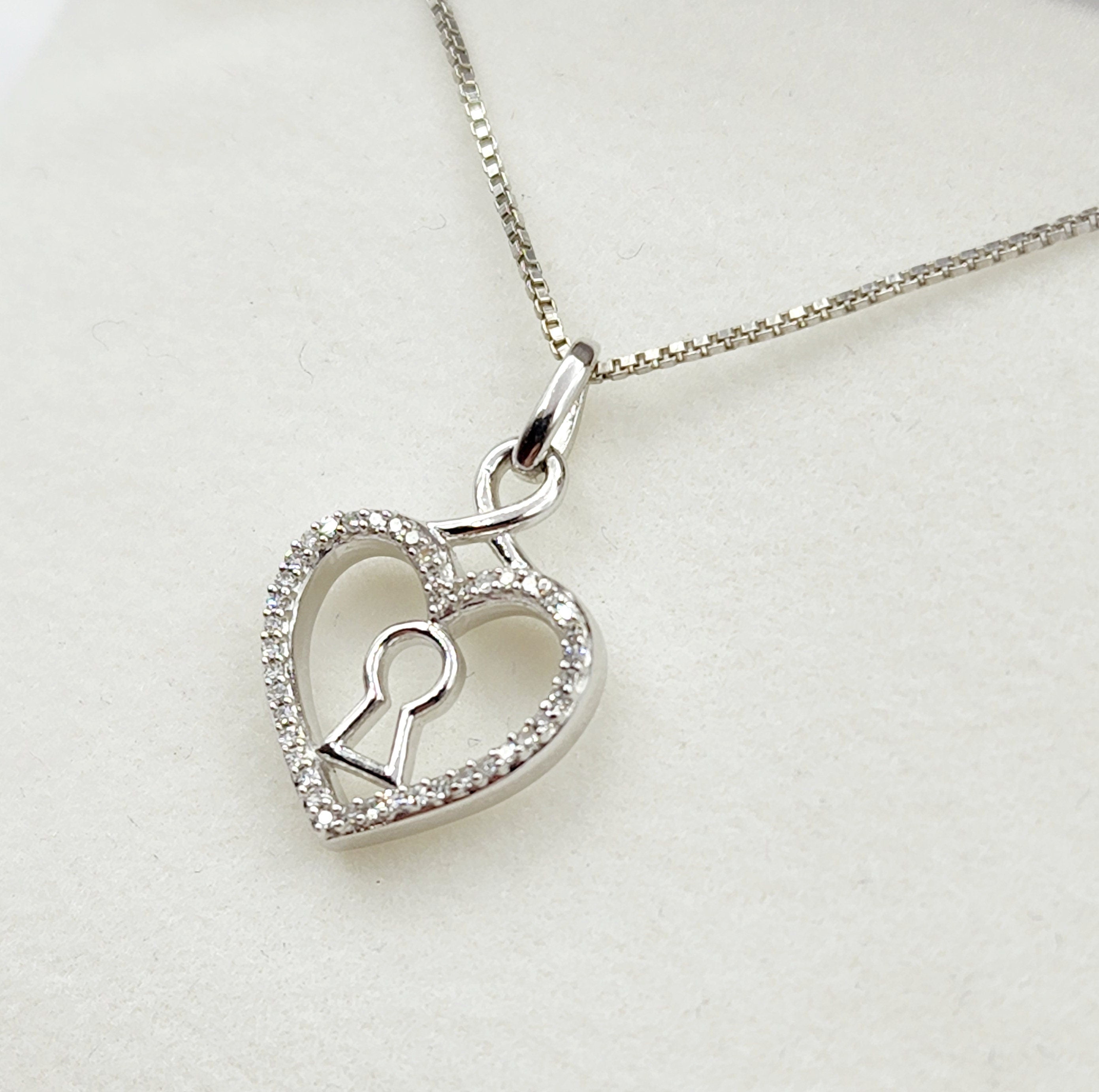 Silver Diamond Pendant Necklace, Heart Shape with Key hold Necklace,