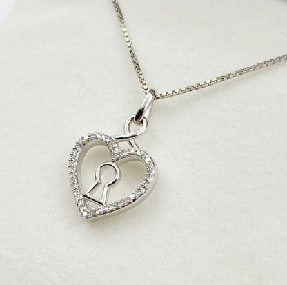 Silver Diamond Pendant Necklace, Heart Shape with Key hold Necklace,