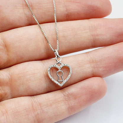 Silver Diamond Pendant Necklace, Heart Shape with Key hold Necklace,