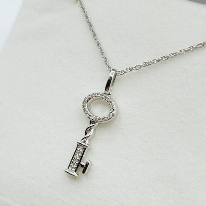 Diamond Pendant Necklace , 925 Sterling Silver Key Shape Pendant with Chain,  Gift For Her, Necklace For Women
