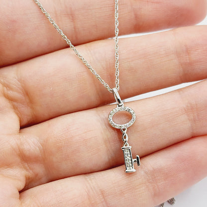 Diamond Pendant Necklace , 925 Sterling Silver Key Shape Pendant with Chain,  Gift For Her, Necklace For Women