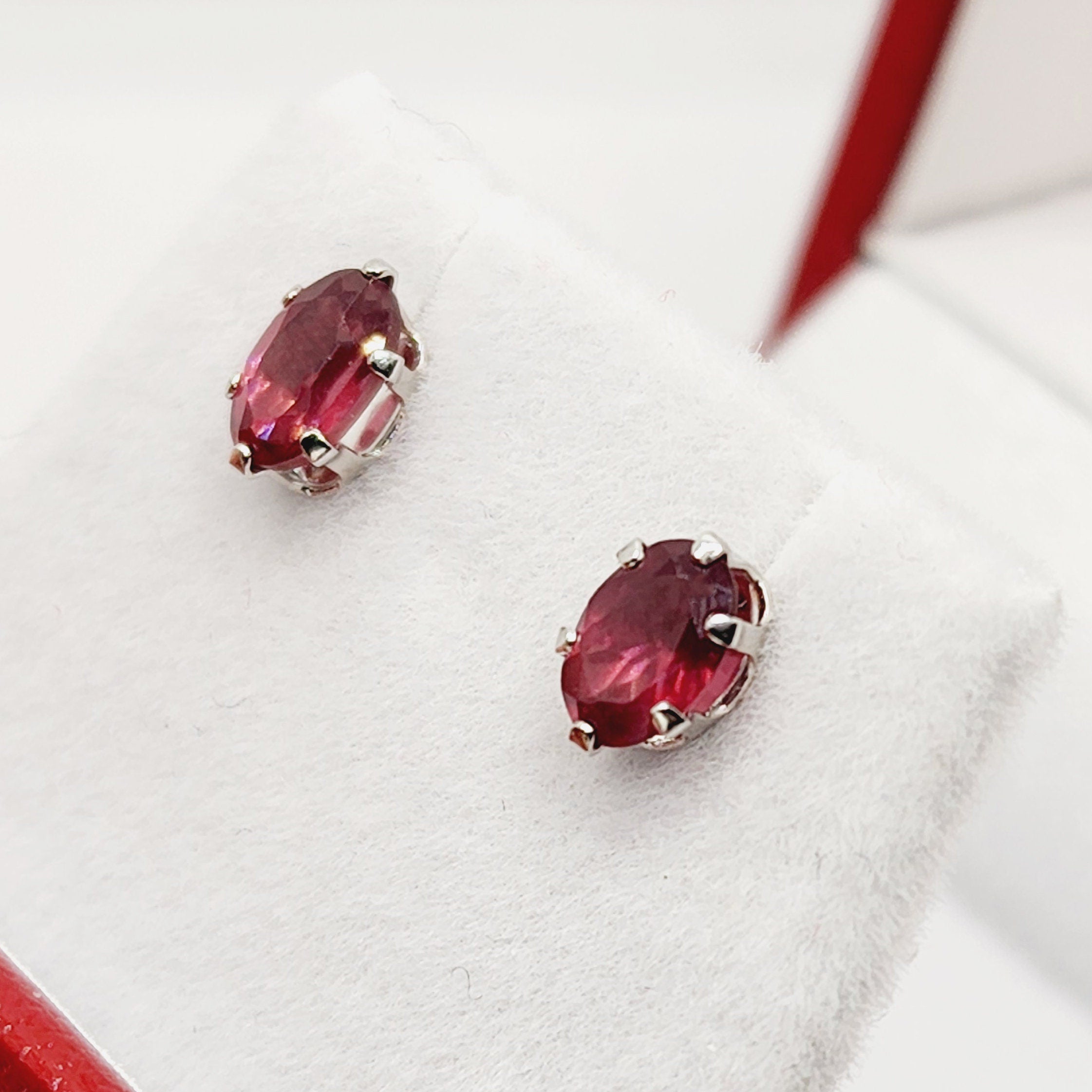 Garnet Earrings | 10K White Gold Genuine Garnet 6x4mm Stud Earrings