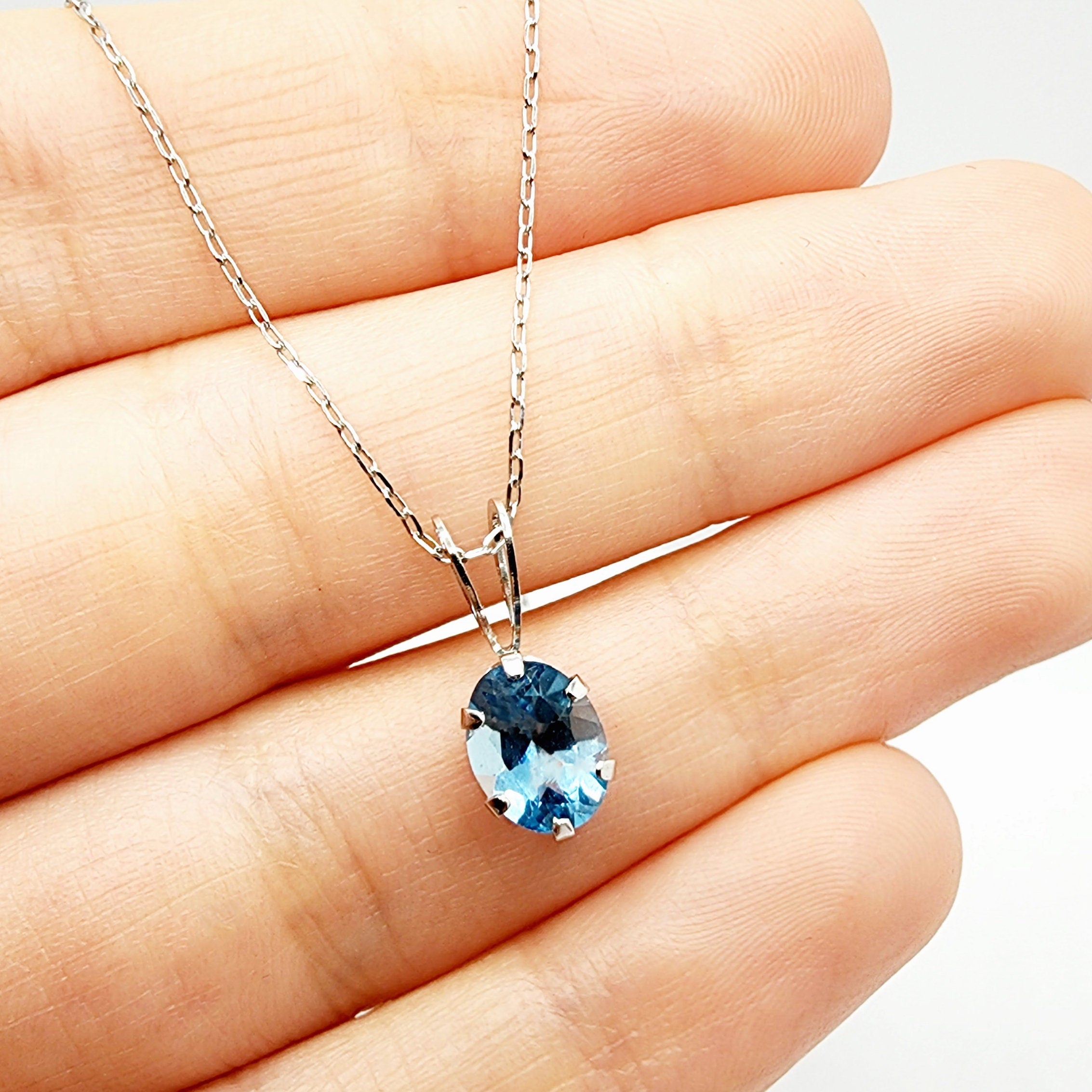 Gold Blue Topaz Pendant Necklace, 10K White Gold Genuine Blue Topaz 1.43ct Pendant, Handmade Pendant, Birthstone Pendant, Gift For Her