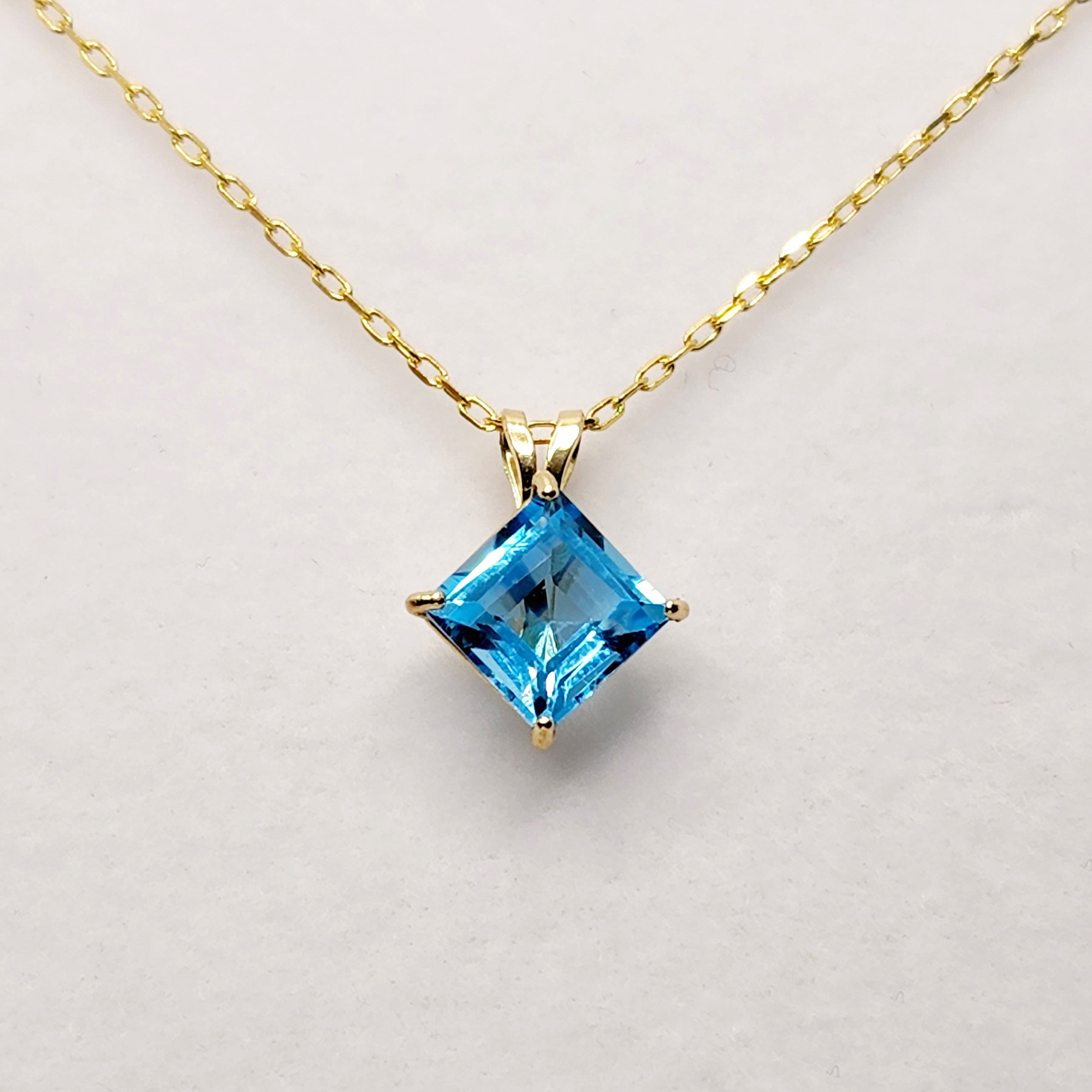 Gold Blue Topaz Pendant Necklace , 10K Yellow Gold Genuine Blue Topaz 6x6mm Pendant, Handmade Pendant, Pendant For Women