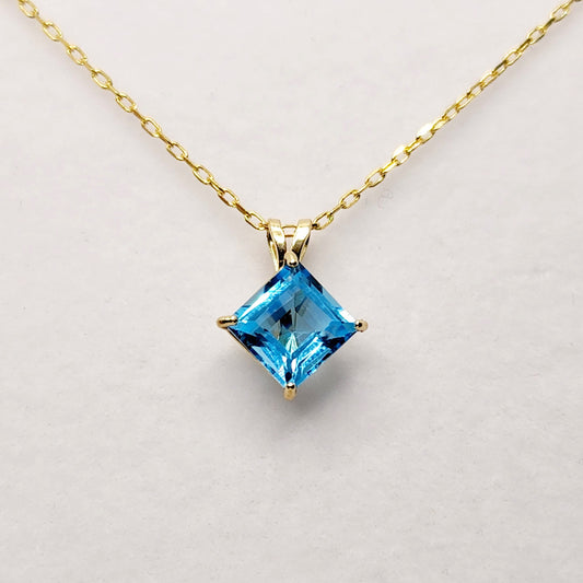 Gold Blue Topaz Pendant Necklace , 10K Yellow Gold Genuine Blue Topaz 6x6mm Pendant, Handmade Pendant, Pendant For Women