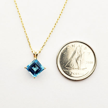Gold Blue Topaz Pendant Necklace , 10K Yellow Gold Genuine Blue Topaz 6x6mm Pendant, Handmade Pendant, Pendant For Women