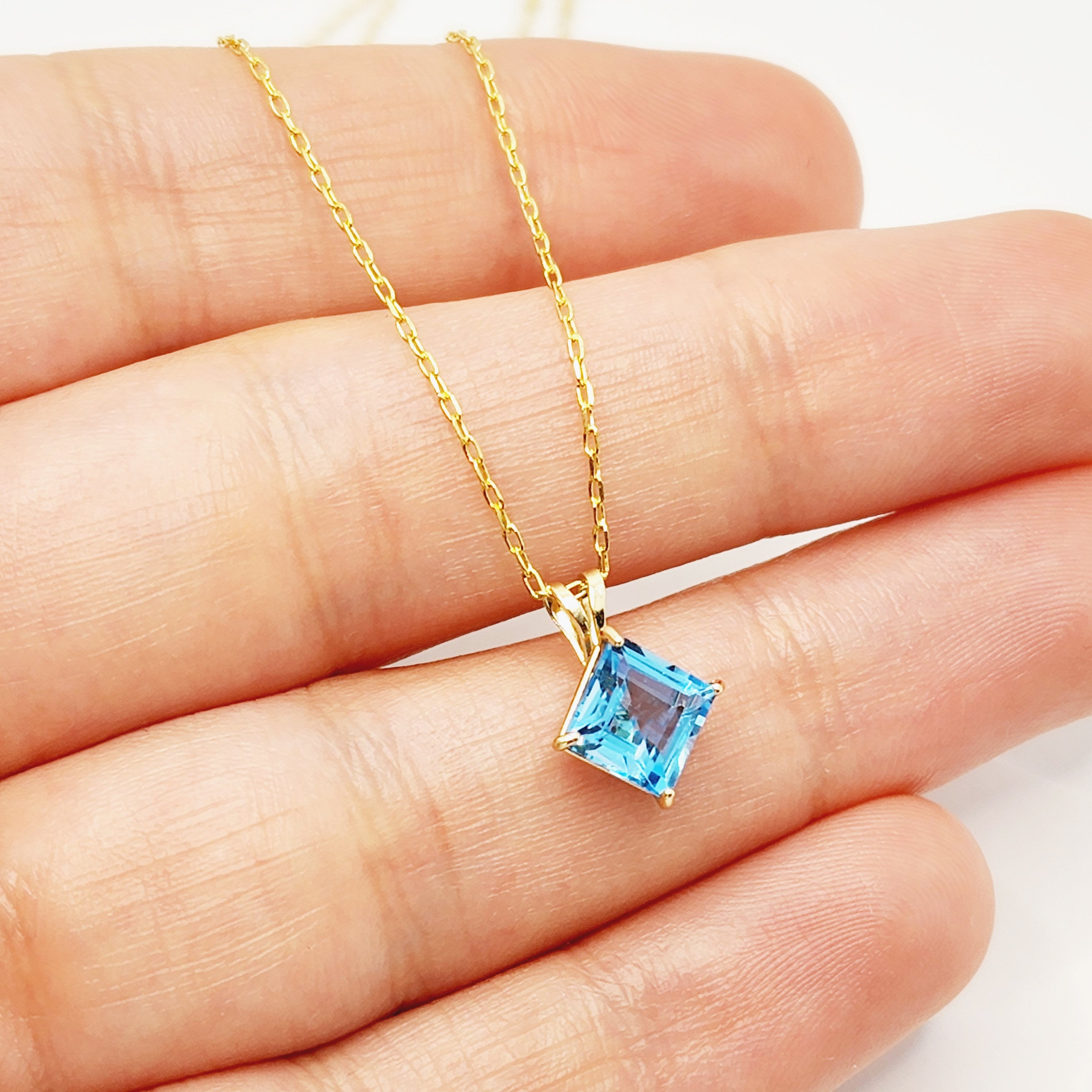 Gold Blue Topaz Pendant Necklace , 10K Yellow Gold Genuine Blue Topaz 6x6mm Pendant, Handmade Pendant, Pendant For Women