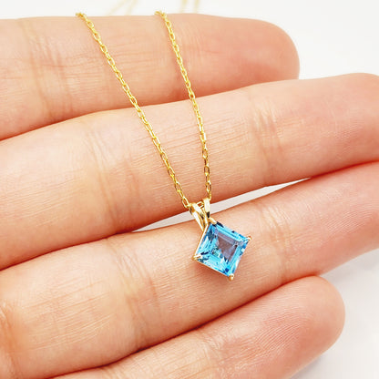 Gold Blue Topaz Pendant Necklace , 10K Yellow Gold Genuine Blue Topaz 6x6mm Pendant, Handmade Pendant, Pendant For Women