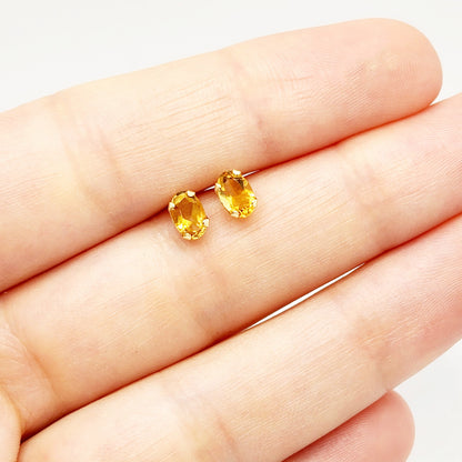 Handmade 14K Yellow Gold Citrine Stud Earrings, November Birthstone 6x4mm