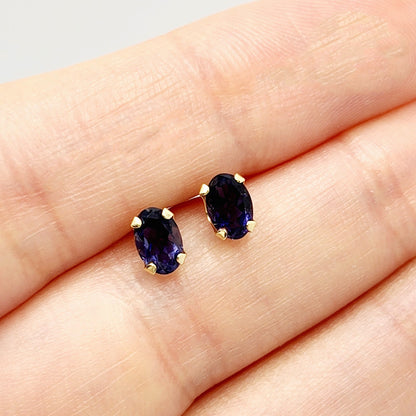 Gold Iolite Stud  Earrings | 14K Yellow Gold Iolite 6x4mm Stud Earrings