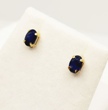 Gold Blue Sapphire Stud Earrings, 10K Yellow Gold Natural Blue Sapphire 6x4mm Stud Earrings, September Birthstone, Handmade Earrings
