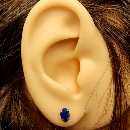 Gold Blue Sapphire Stud Earrings, 10K Yellow Gold Natural Blue Sapphire 6x4mm Stud Earrings, September Birthstone, Handmade Earrings