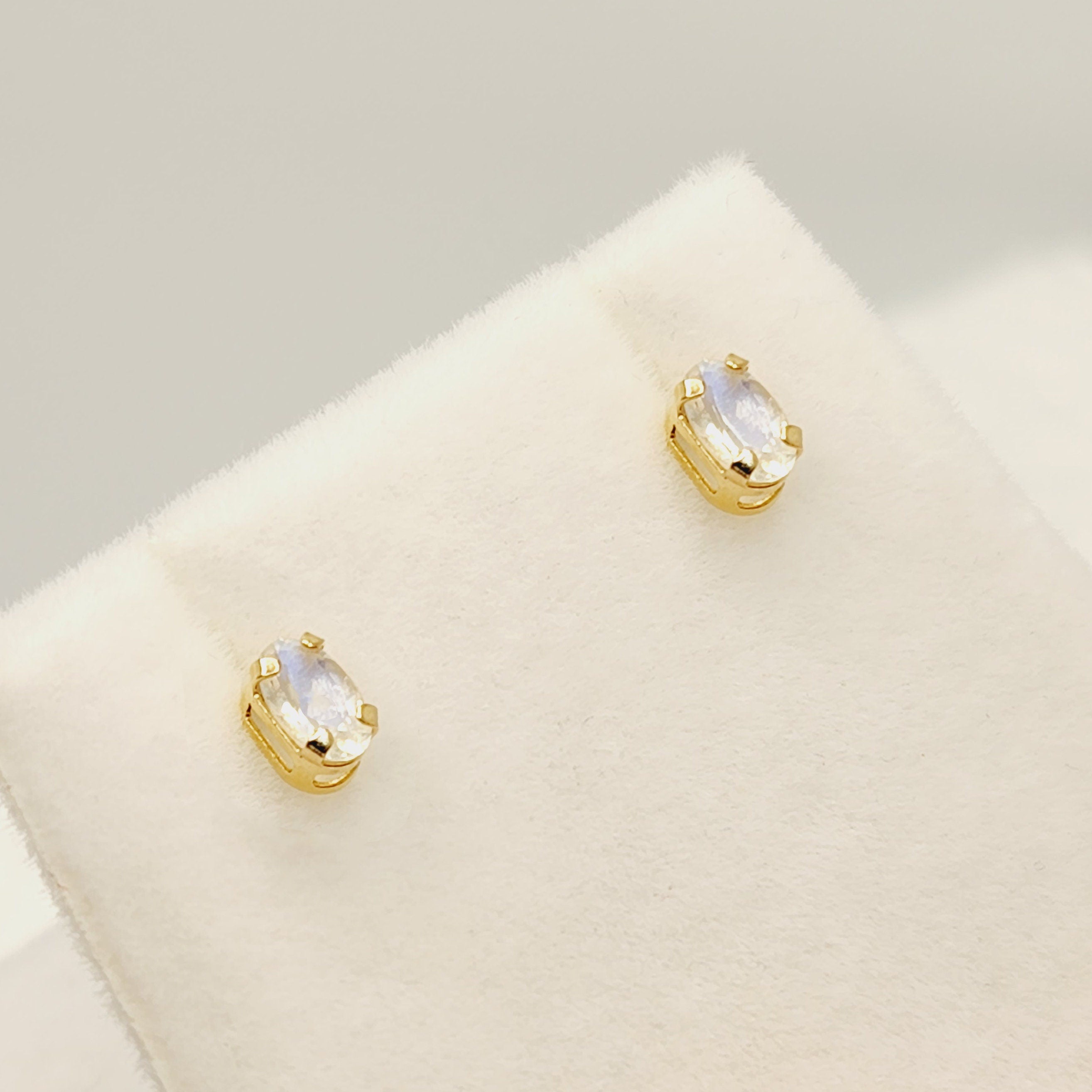 Gold Moonstone Stud Earrings, 10K Yellow Gold Genuine Moonstone 5x3mm Stud Earrings, Gift For Her