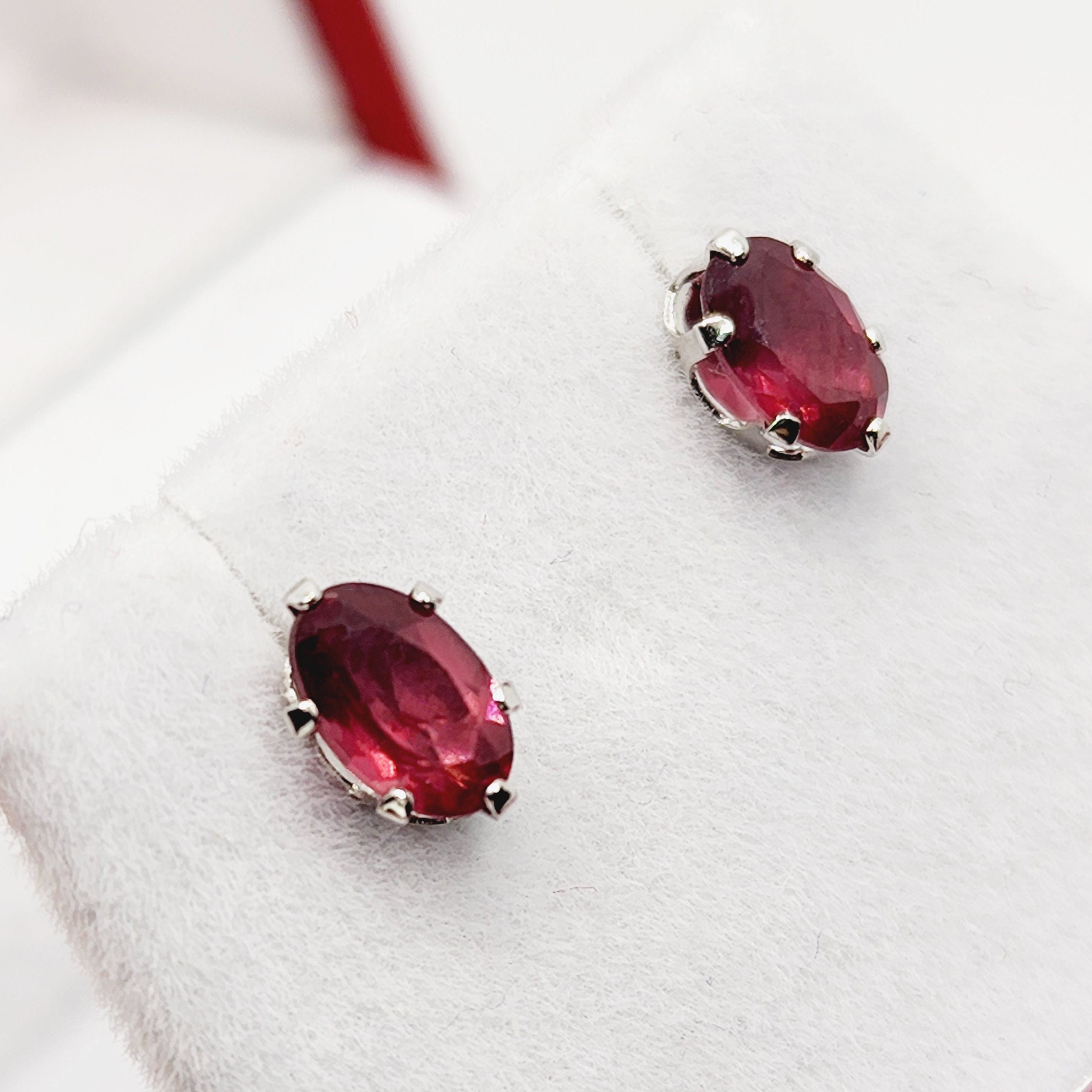 Garnet Earrings | 10K White Gold Genuine Garnet 6x4mm Stud Earrings