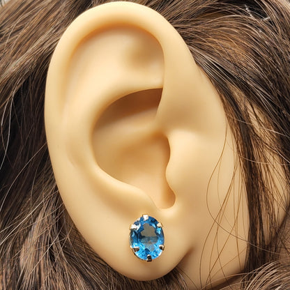 Blue Topaz  Earrings | 10K Yellow Gold Blue Topaz 9x7mm Stud Earrings