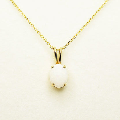 Gold Genuine Opal Pendant Necklace, Handmade 10K Yellow Gold Fire Opal 8x6mm Pendant for Women, Dainty Gold Necklace, October Birthstone