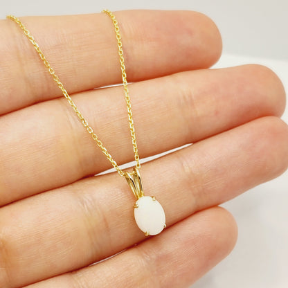 Gold Genuine Opal Pendant Necklace, Handmade 10K Yellow Gold Fire Opal 8x6mm Pendant for Women, Dainty Gold Necklace, October Birthstone