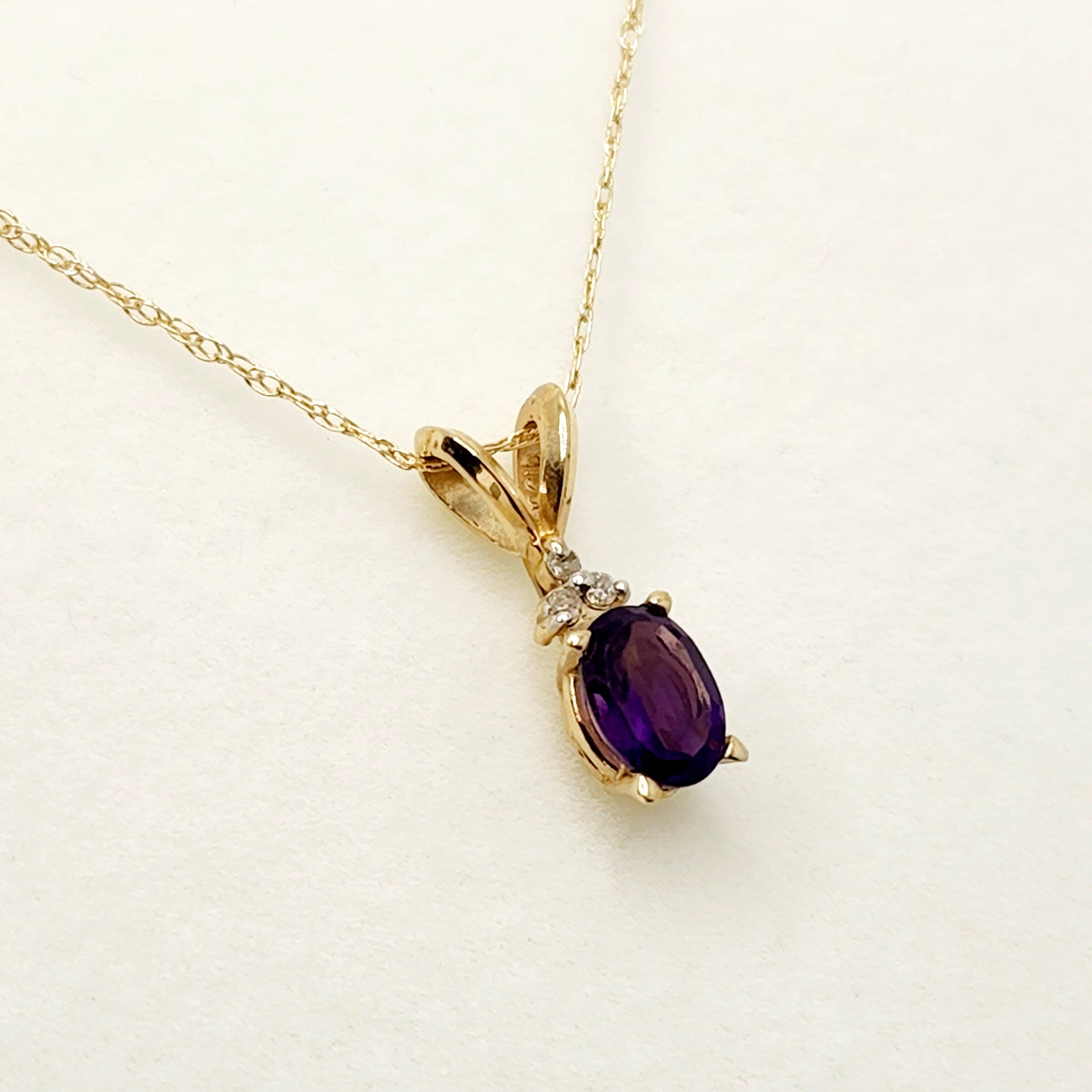 Gold Amethyst Pendant Necklace, 10K Yellow Gold Genuine Amethyst 6x4mm With Diamonds Pendant