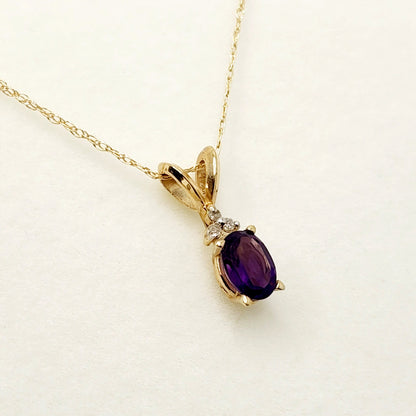 Gold Amethyst Pendant Necklace, 10K Yellow Gold Genuine Amethyst 6x4mm With Diamonds Pendant