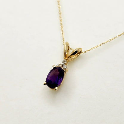 Gold Amethyst Pendant Necklace, 10K Yellow Gold Genuine Amethyst 6x4mm With Diamonds Pendant