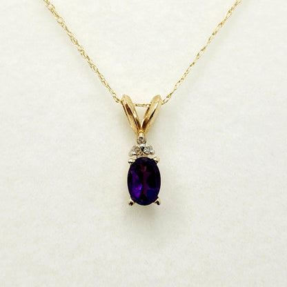 Gold Amethyst Pendant Necklace, 10K Yellow Gold Genuine Amethyst 6x4mm With Diamonds Pendant