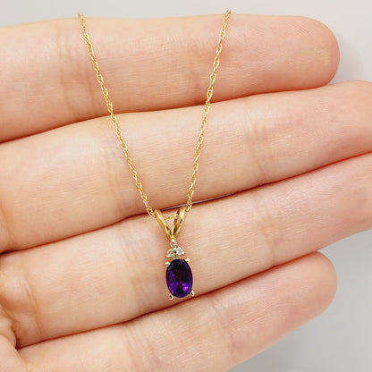 Gold Amethyst Pendant Necklace, 10K Yellow Gold Genuine Amethyst 6x4mm With Diamonds Pendant