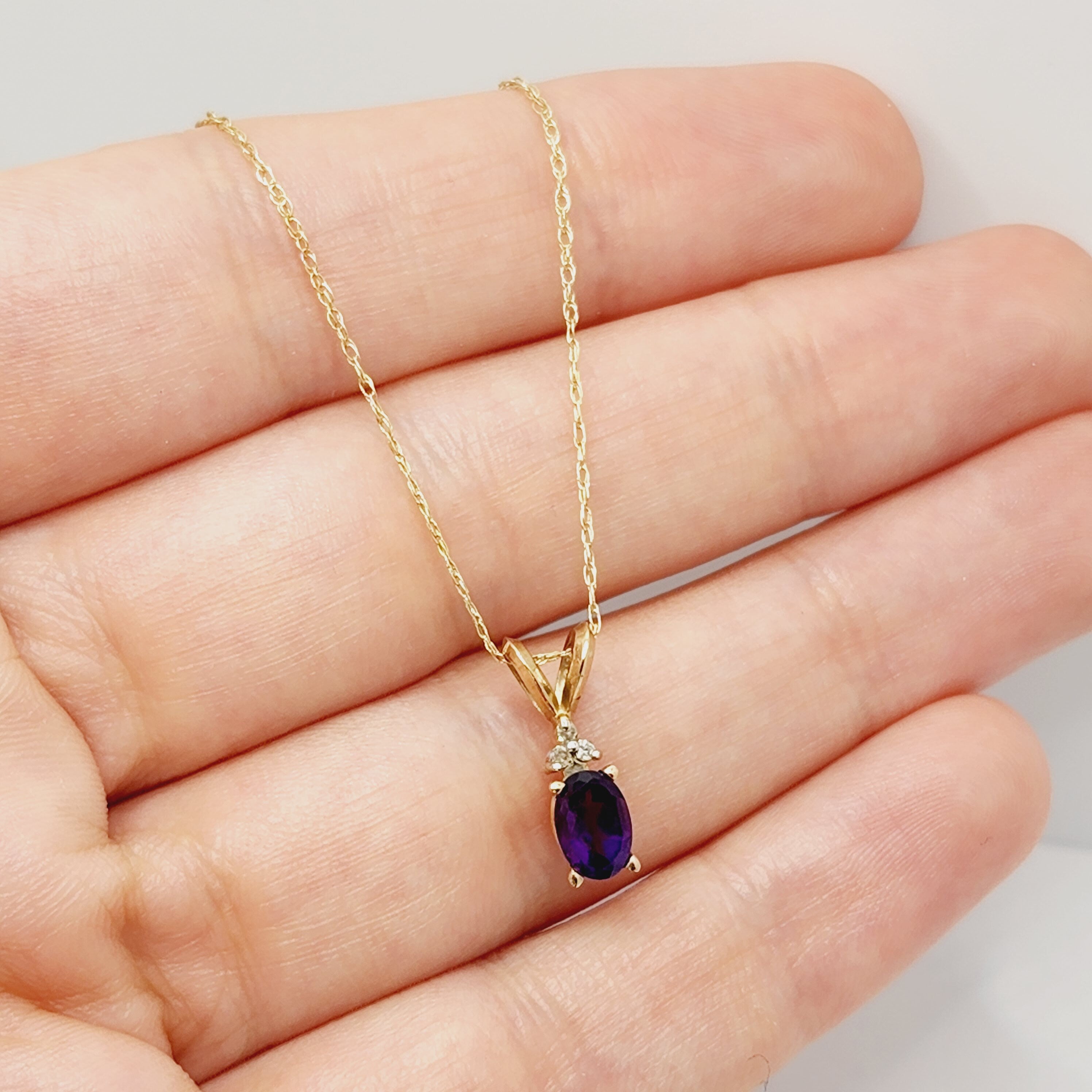 Gold Amethyst Pendant Necklace, 10K Yellow Gold Genuine Amethyst 6x4mm With Diamonds Pendant