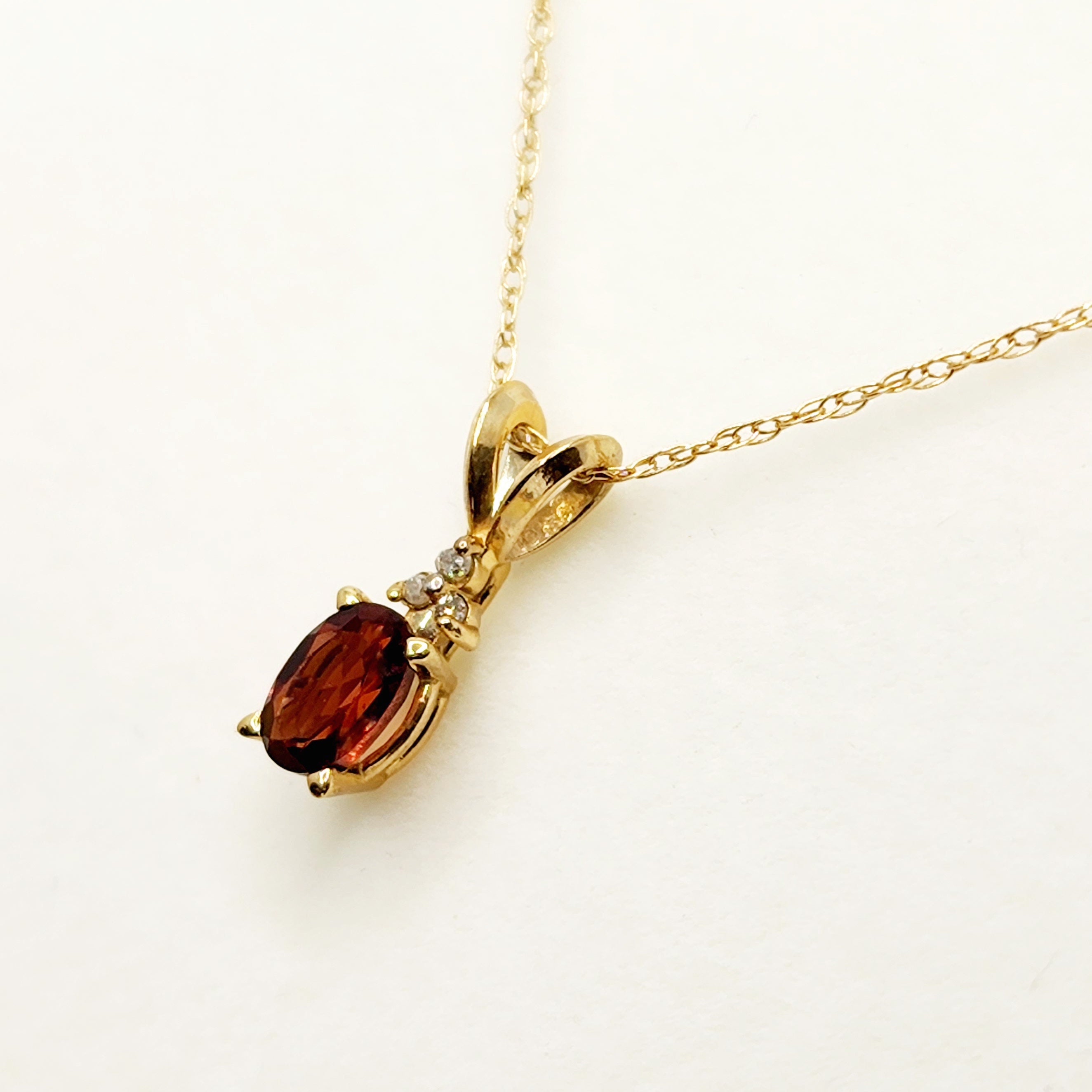 Gold Garnet Pendant Necklace, 10K Yellow Gold Genuine Garnet 6x4mm and Diamonds Pendant, January Birthstone, Red Garnet Jewelry