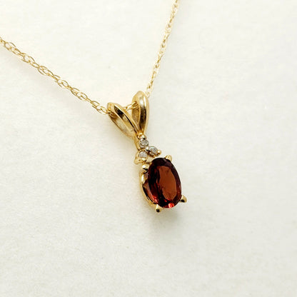 Gold Garnet Pendant Necklace, 10K Yellow Gold Genuine Garnet 6x4mm and Diamonds Pendant, January Birthstone, Red Garnet Jewelry