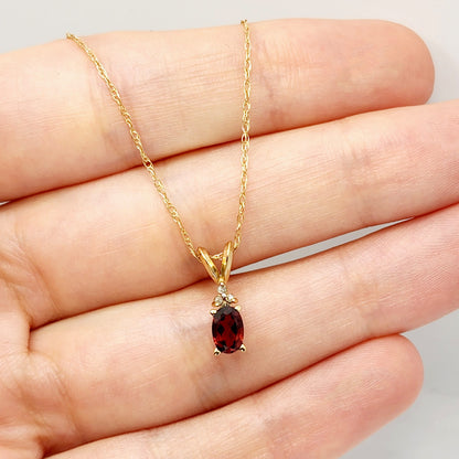 Gold Garnet Pendant Necklace, 10K Yellow Gold Genuine Garnet 6x4mm and Diamonds Pendant, January Birthstone, Red Garnet Jewelry