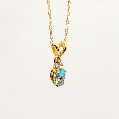Blue Topaz Pendant | 10K Yellow Gold Blue Topaz 6x4mm With 3 Diamonds Pendant | Gold Blue Topaz Necklace | December Birthstone Necklace